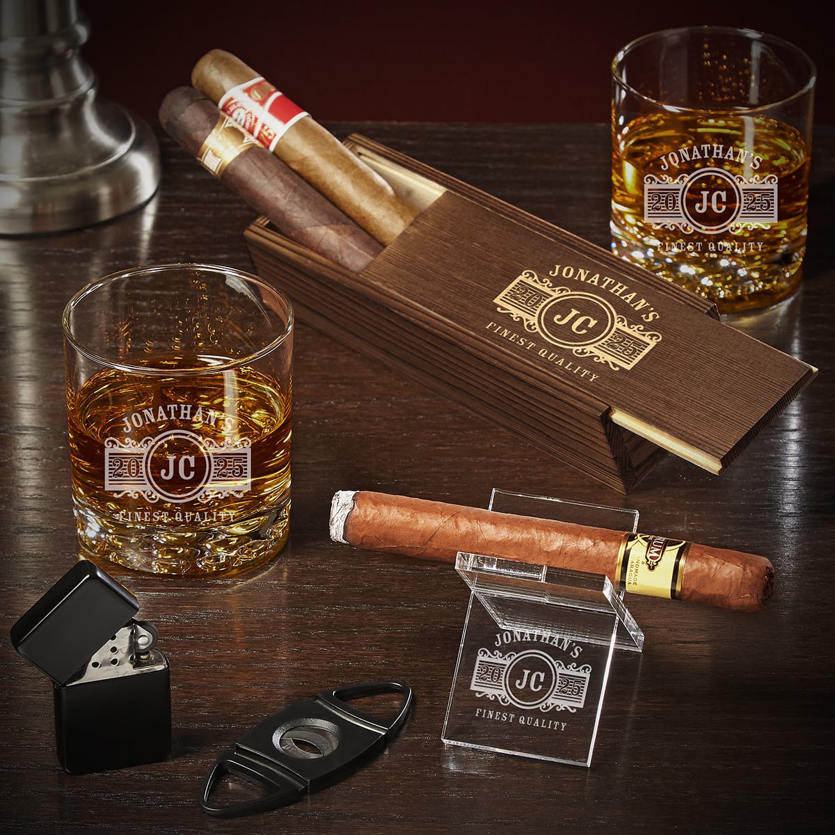 Engraved Cigar Box Set with Buckman Glasses
