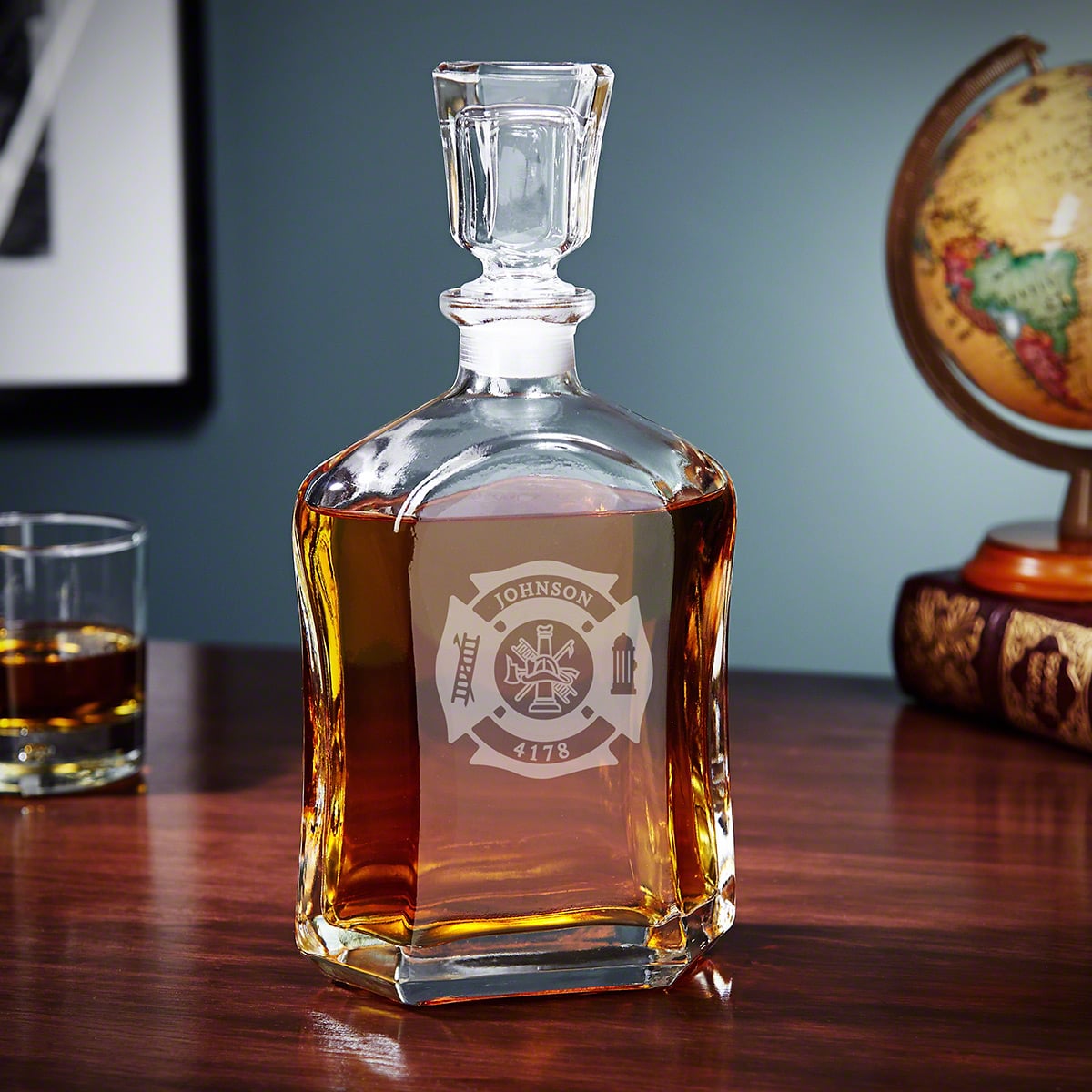 Engraved Firefighter Liquor Decanter Set with Whiskey Glasses - Handcrafted Box