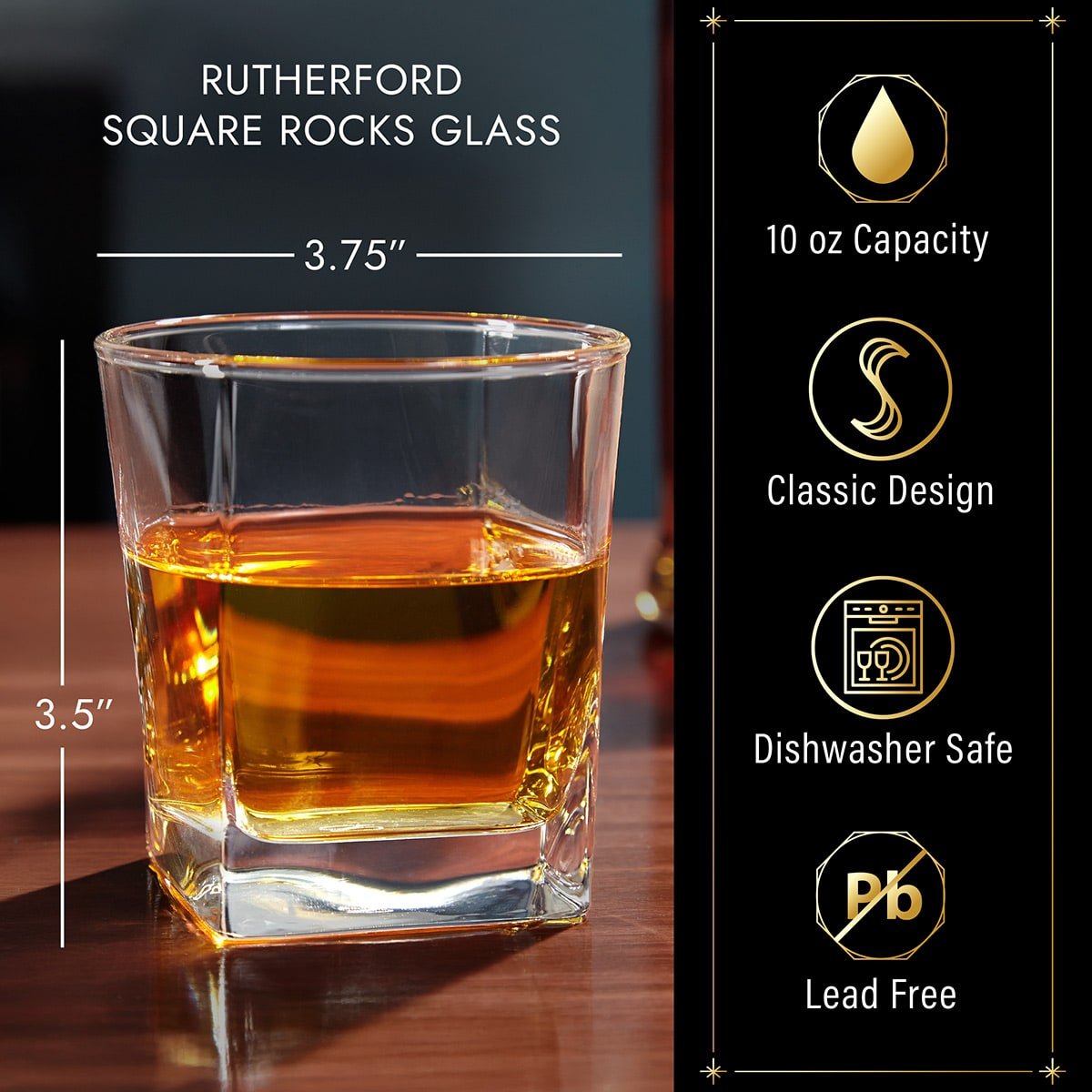 Square clear rocks glass filled with whiskey on a wooden surface, showing 10 oz capacity and classic design