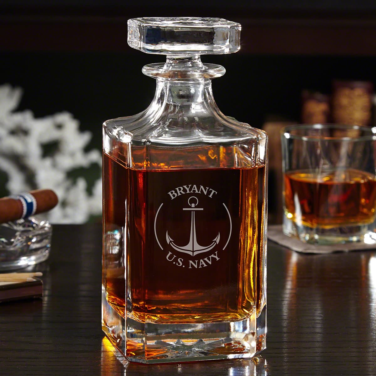 Engraved Liquor Decanter with Rocks Glasses Navy Gifts - 6 pc