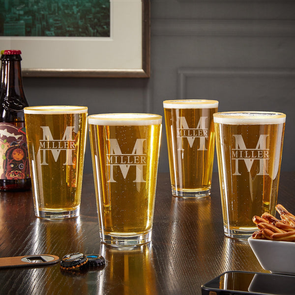 Engraved Pint Glasses Gold Rim, Set of 4