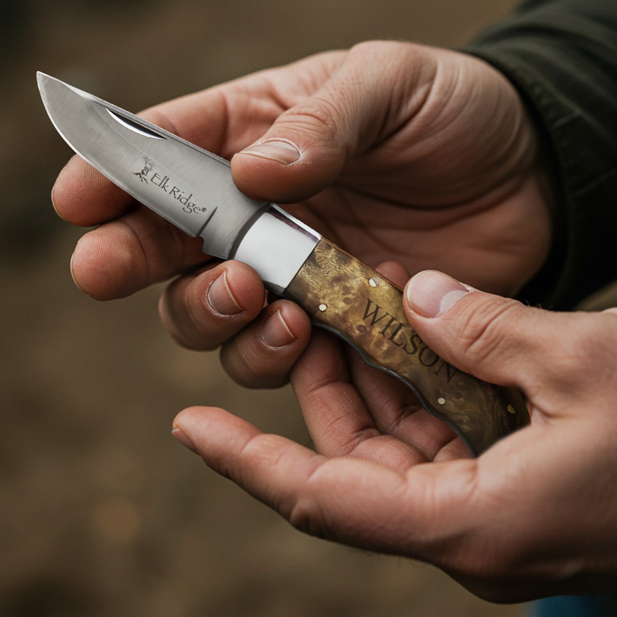 Engraved Pocket Knife with Burl Wood Handle