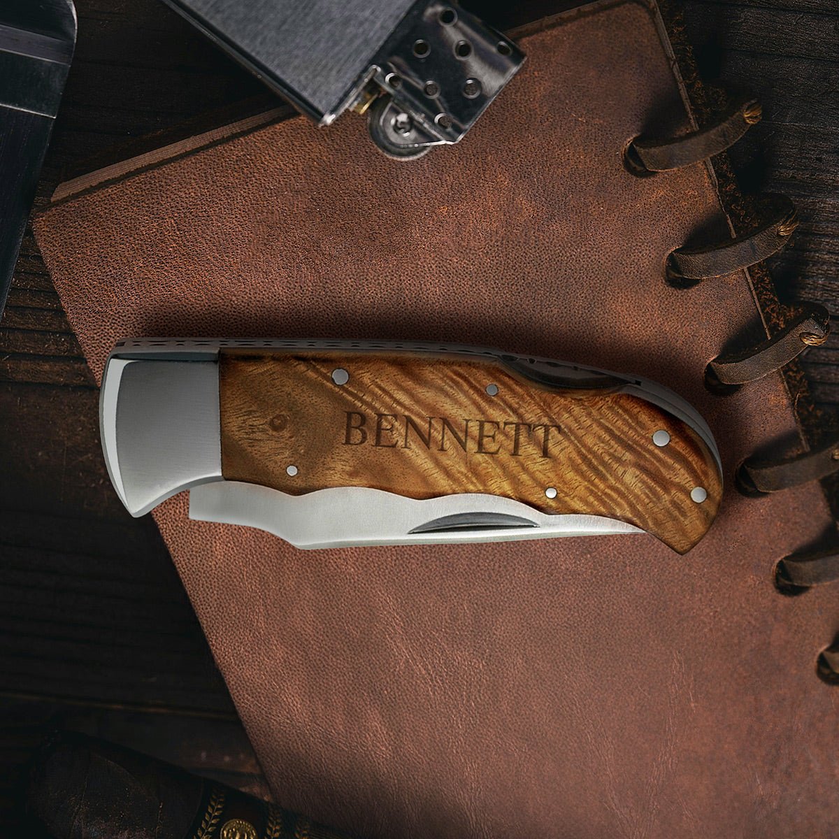 Engraved Pocket Knife with Burl Wood Handle