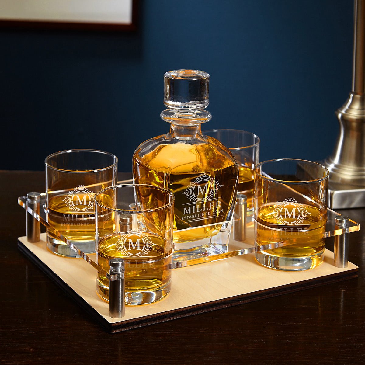 Engraved Presentation Set with Whiskey Decanter & Glasses - 6pc Bar Serving Tray & Display Set