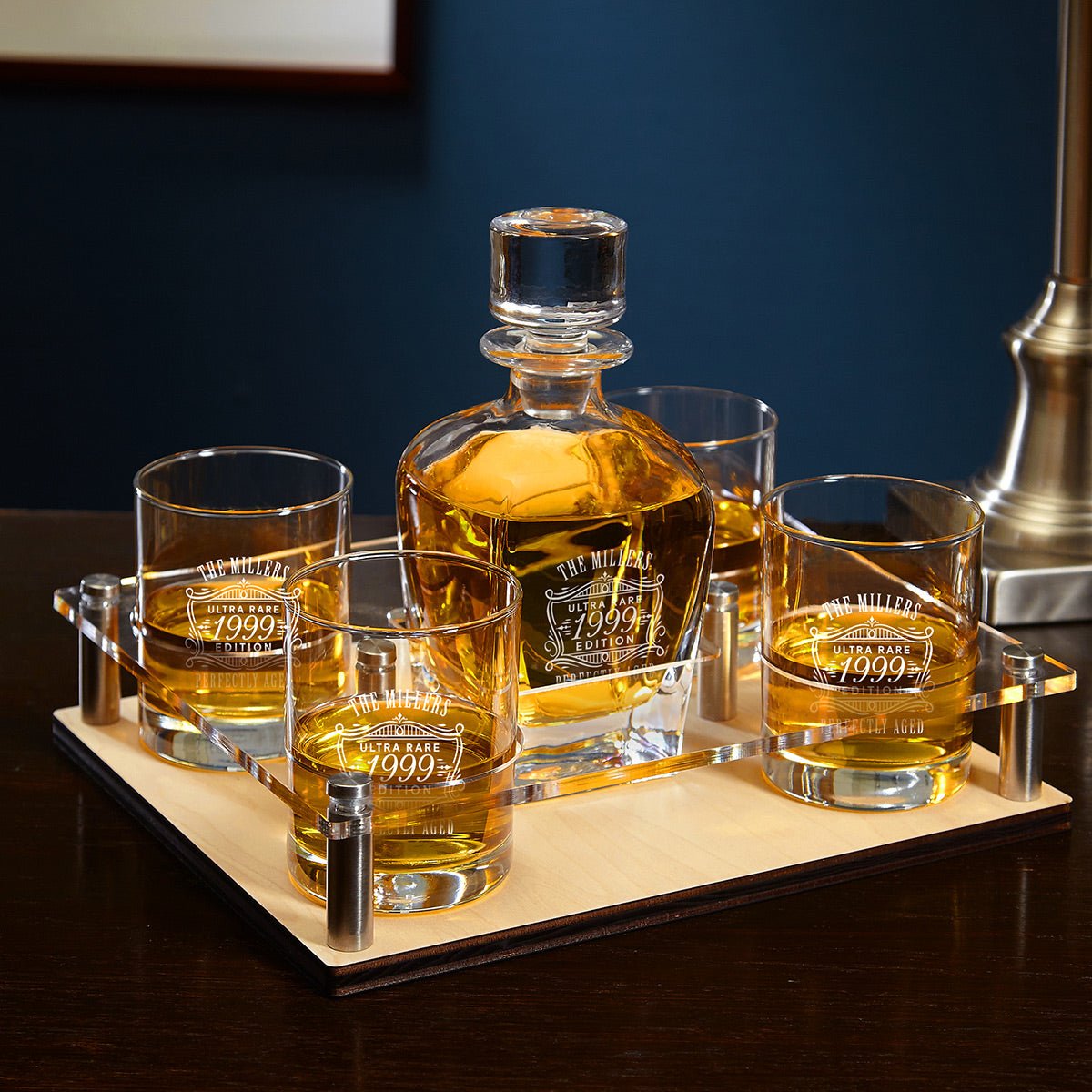 Engraved Presentation Set with Whiskey Decanter & Glasses - 6pc Bar Serving Tray & Display Set