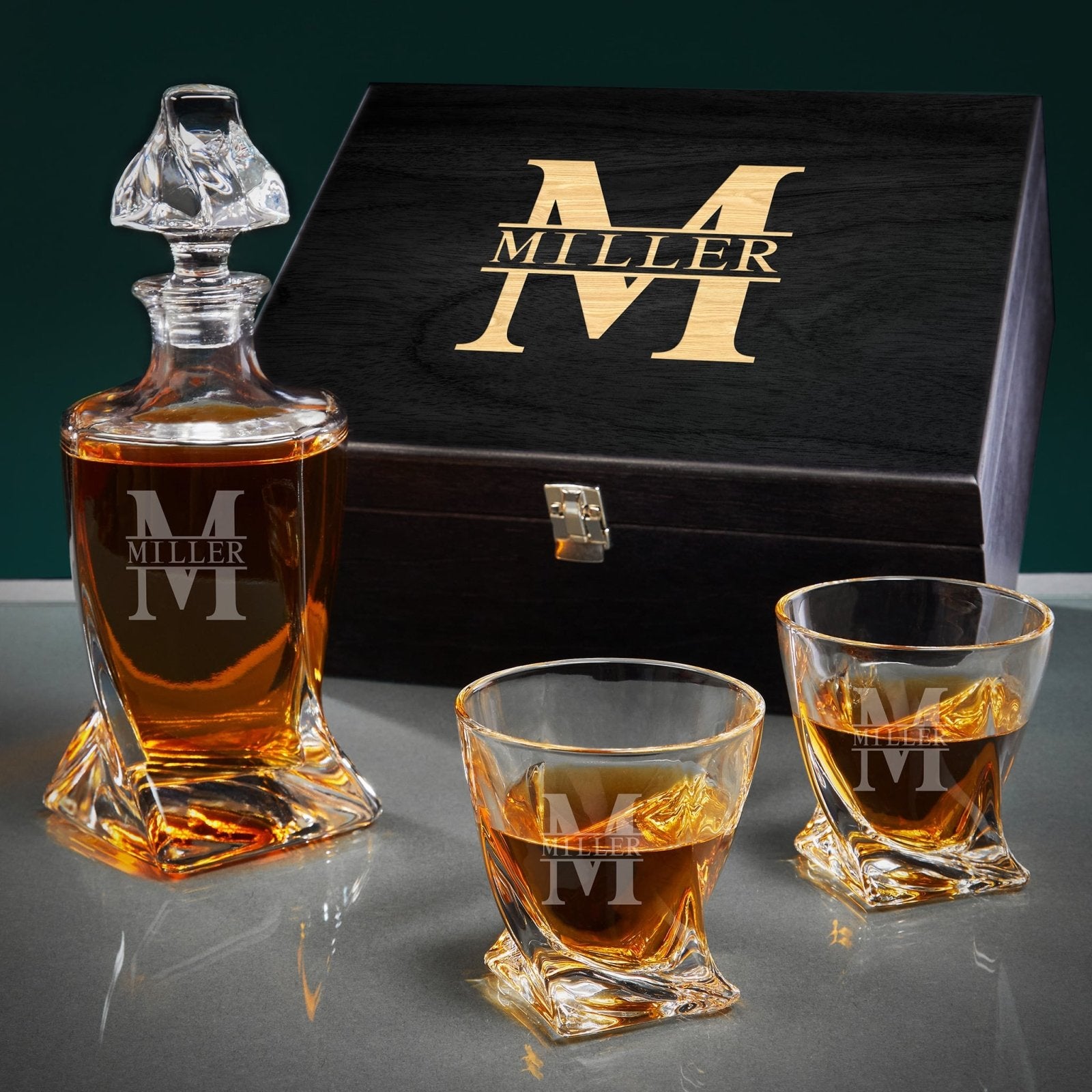 Engraved Twist Crystal Whiskey Decanter Set with Twist Glasses - Ebony Black Box