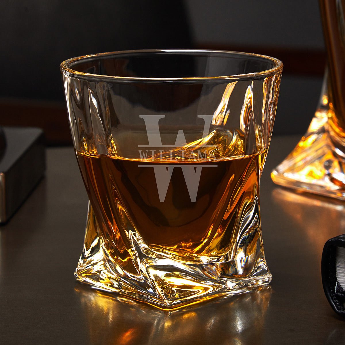 Engraved Vicente Crystal Whiskey Decanter Set with Twist Glasses - Ebony Black Box