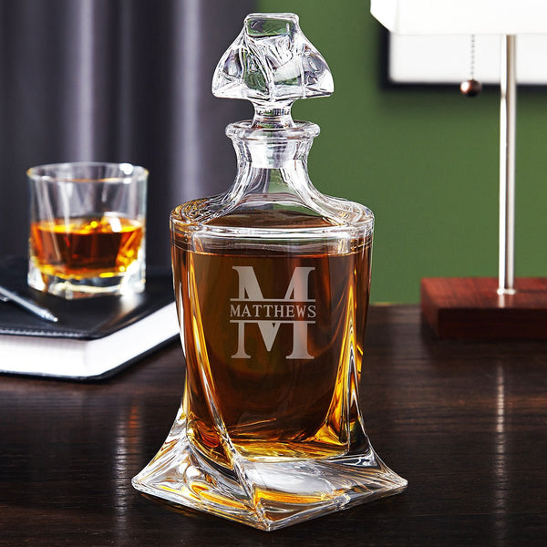 Engraved Vicente Crystal Whiskey Decanter Set with Twist Glasses - Ebony Black Box