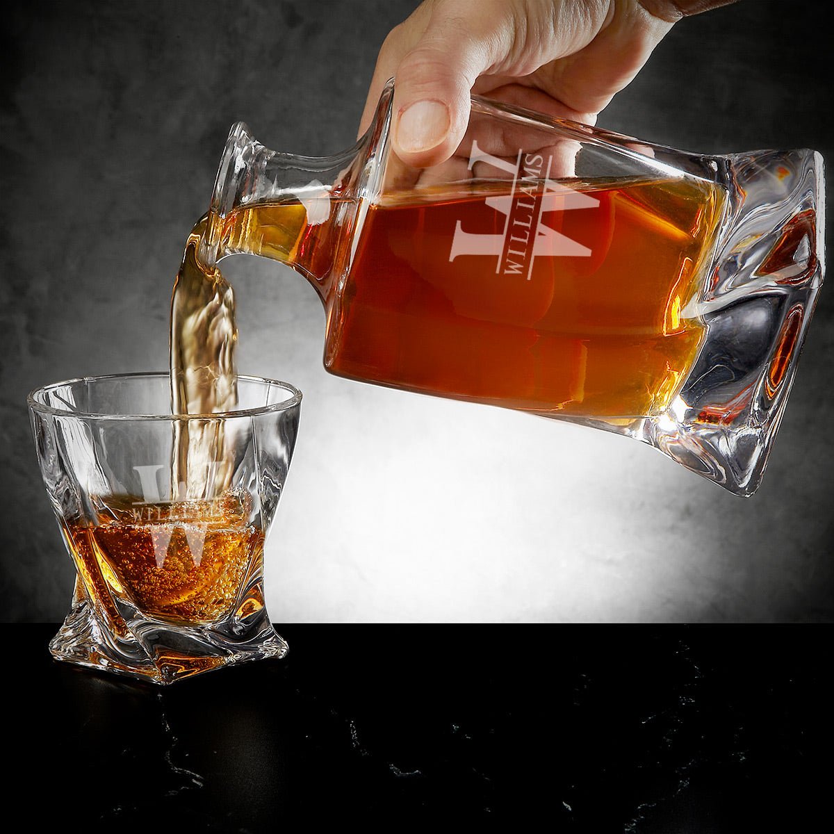 Engraved Vicente Crystal Whiskey Decanter Set with Twist Glasses - Ebony Black Box