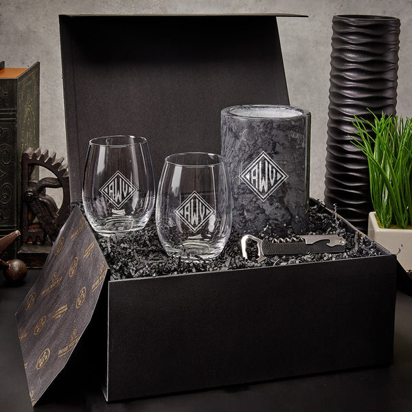 Engraved Wine Chiller with Stemless Wine Glasses Set - 5pc