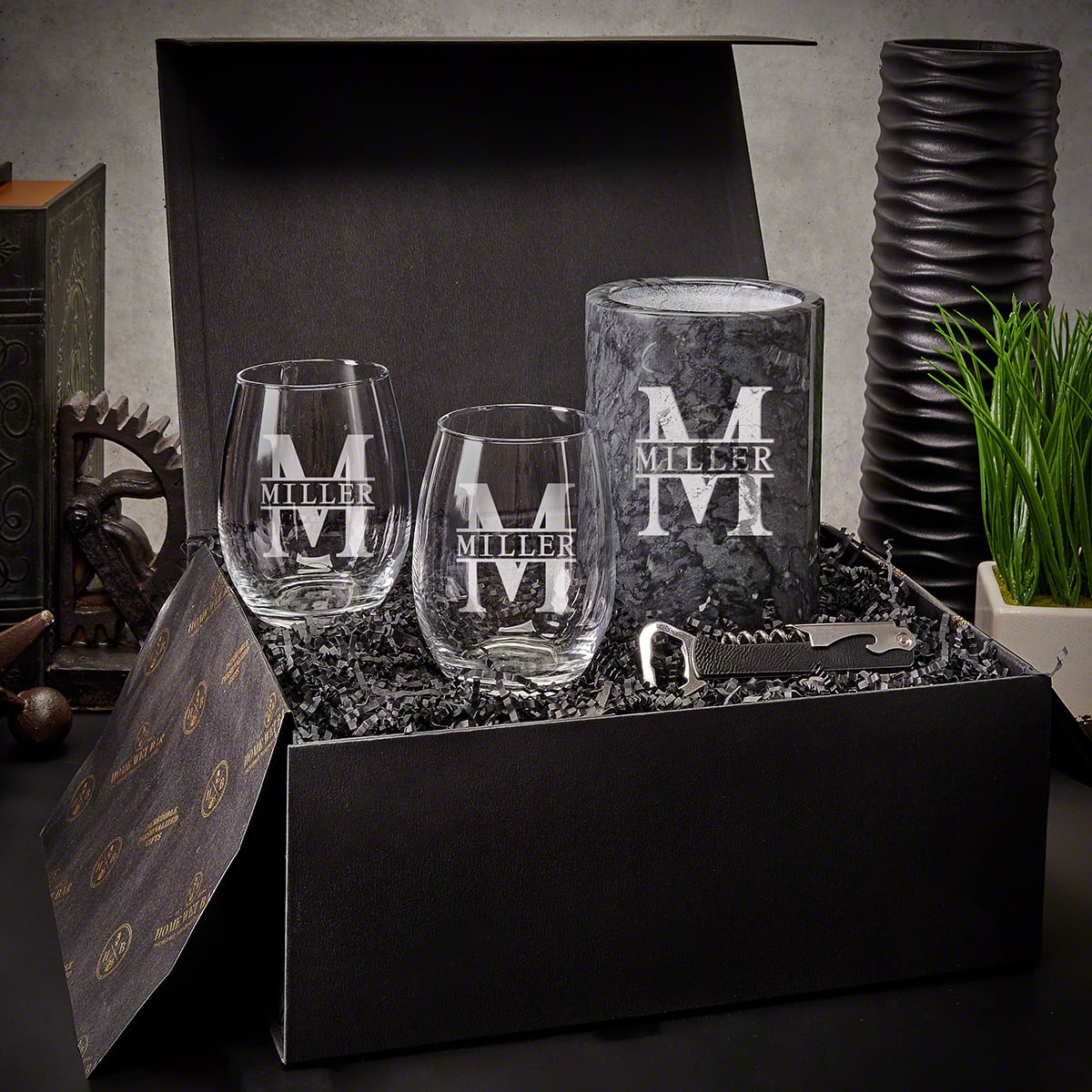 Engraved Wine Chiller with Stemless Wine Glasses Set - 5pc