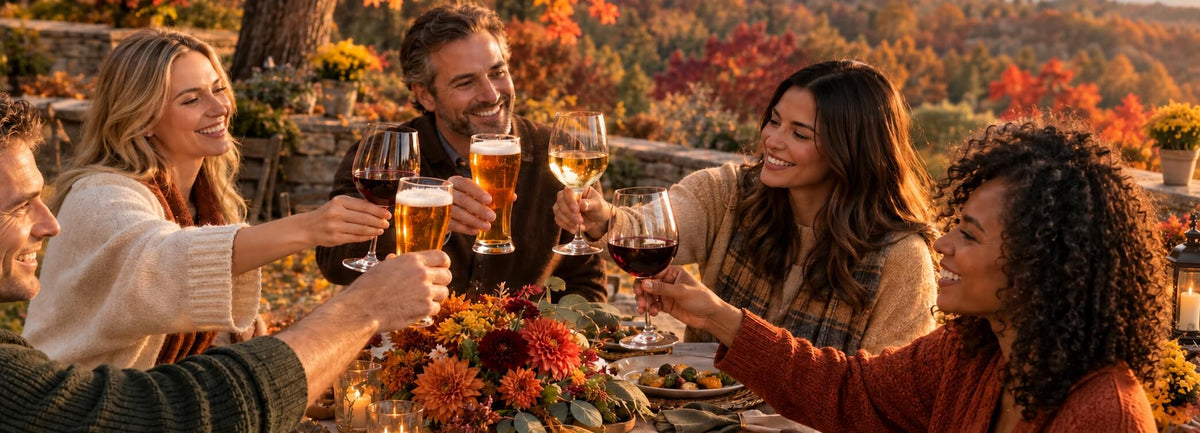 fall scene with people toasting with glasses