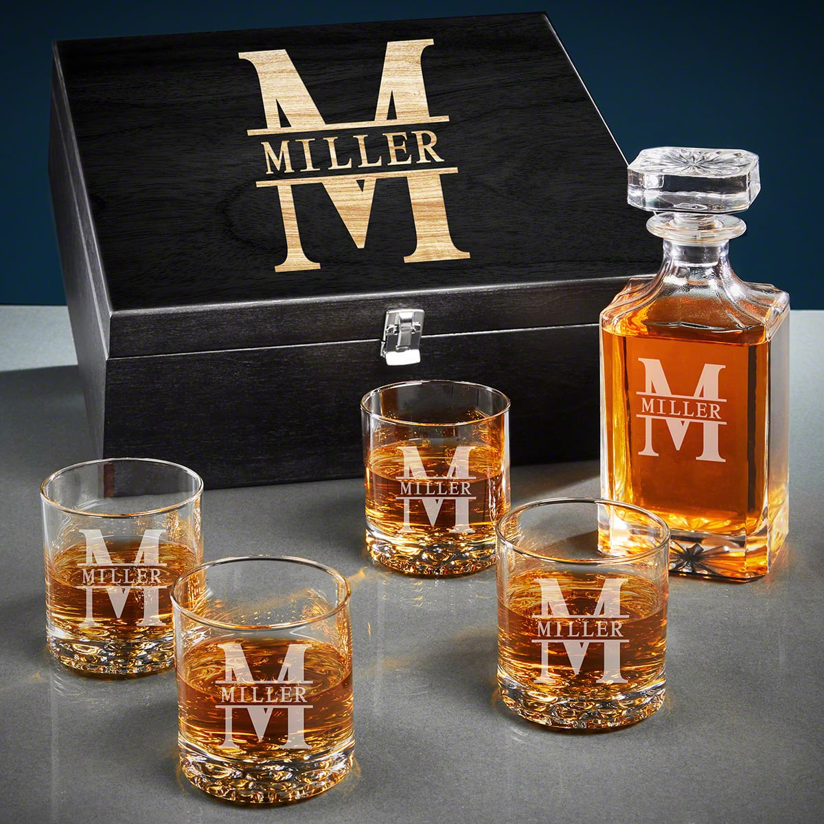 Firefighter Bourbon Decanter Set and Buckman Glasses Gift Set - Ebony Black Box