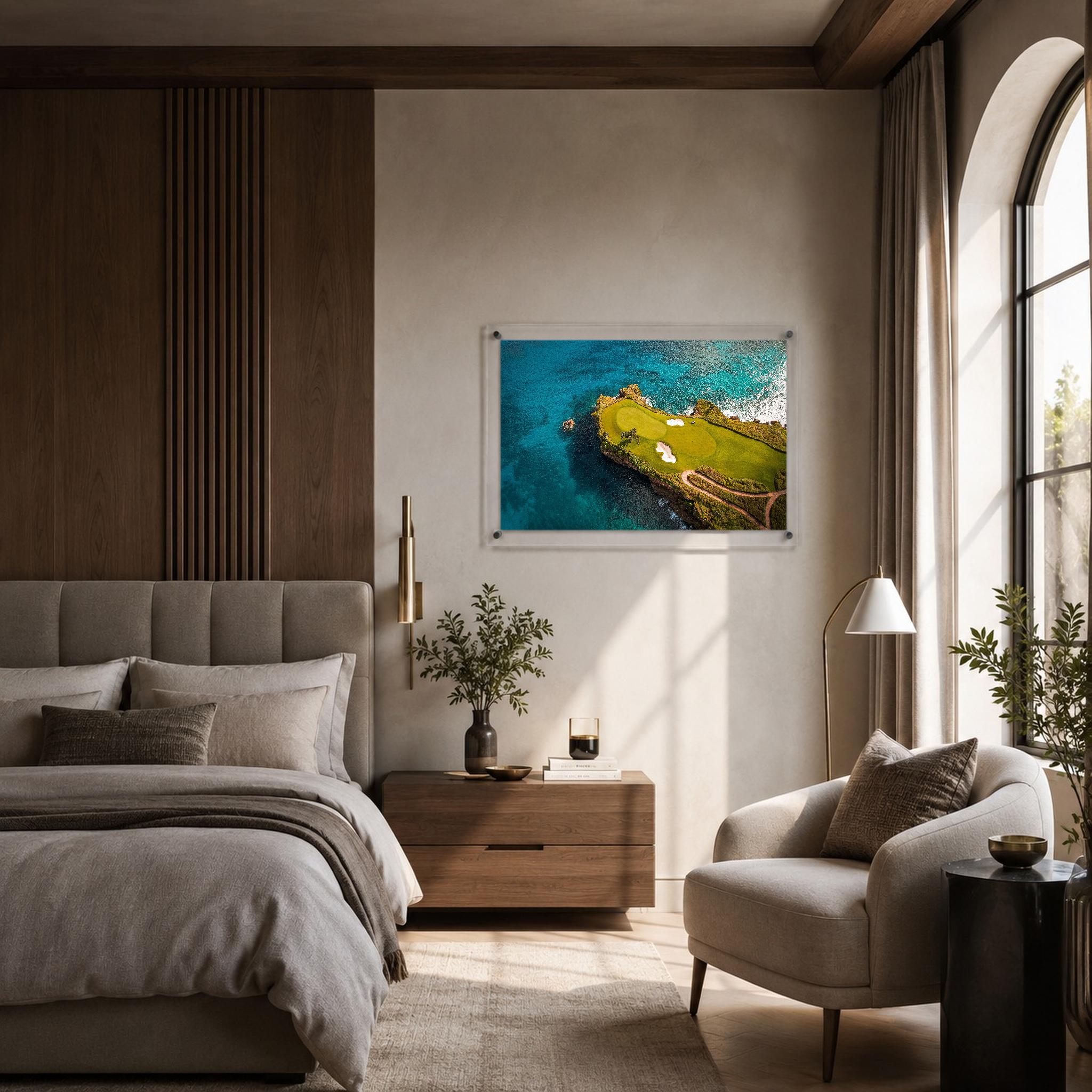Horizontal golf wall art featuring a seaside fairway from above