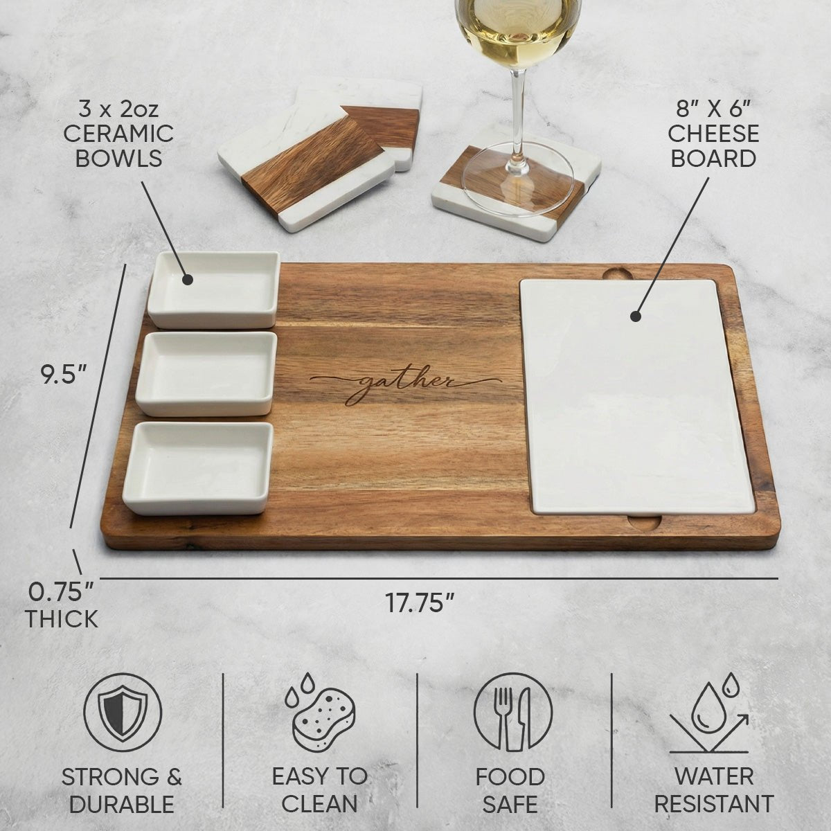 Gather Charcuterie Board w/ Removable Cheese Board and Bowls
