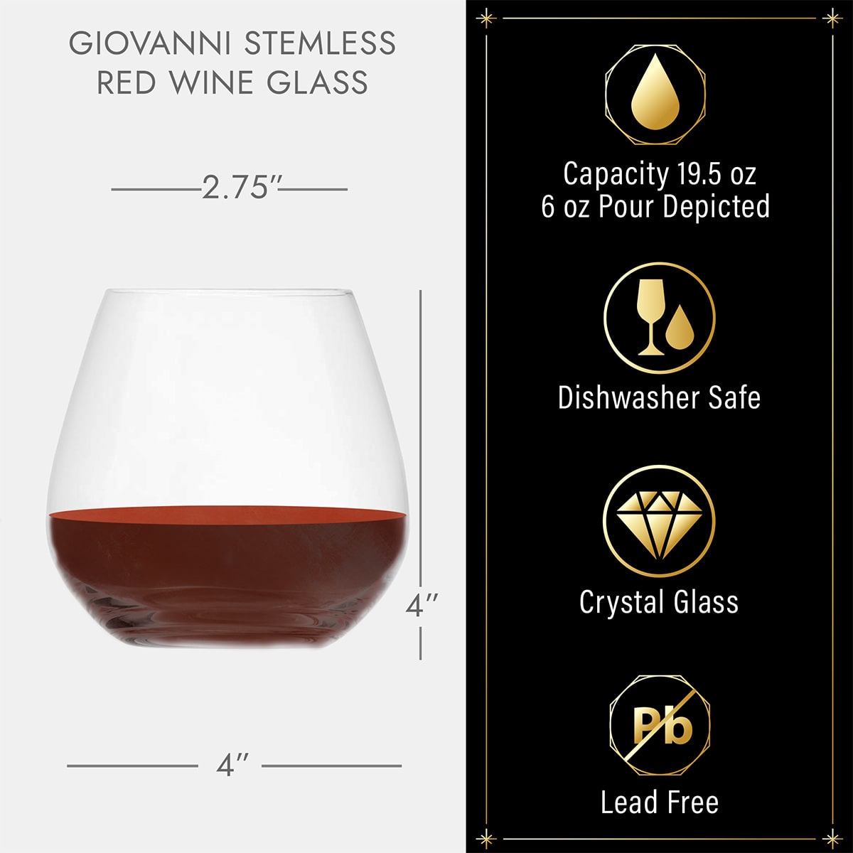 Giovanni Personalized Stemless Red Wine Glass