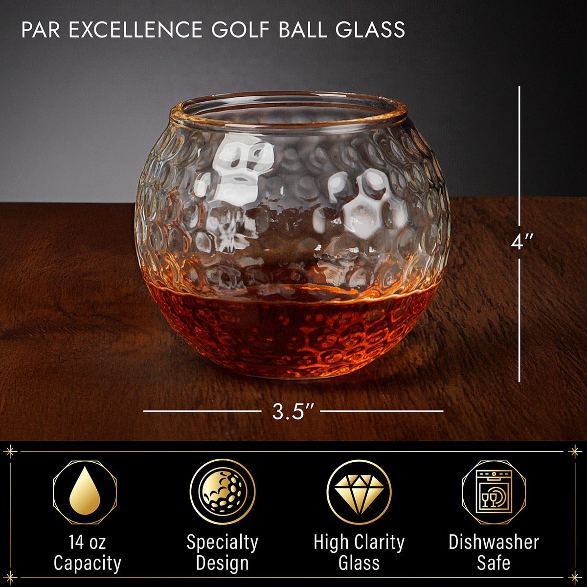 Clear golf ball–style whiskey glass with details and measurements