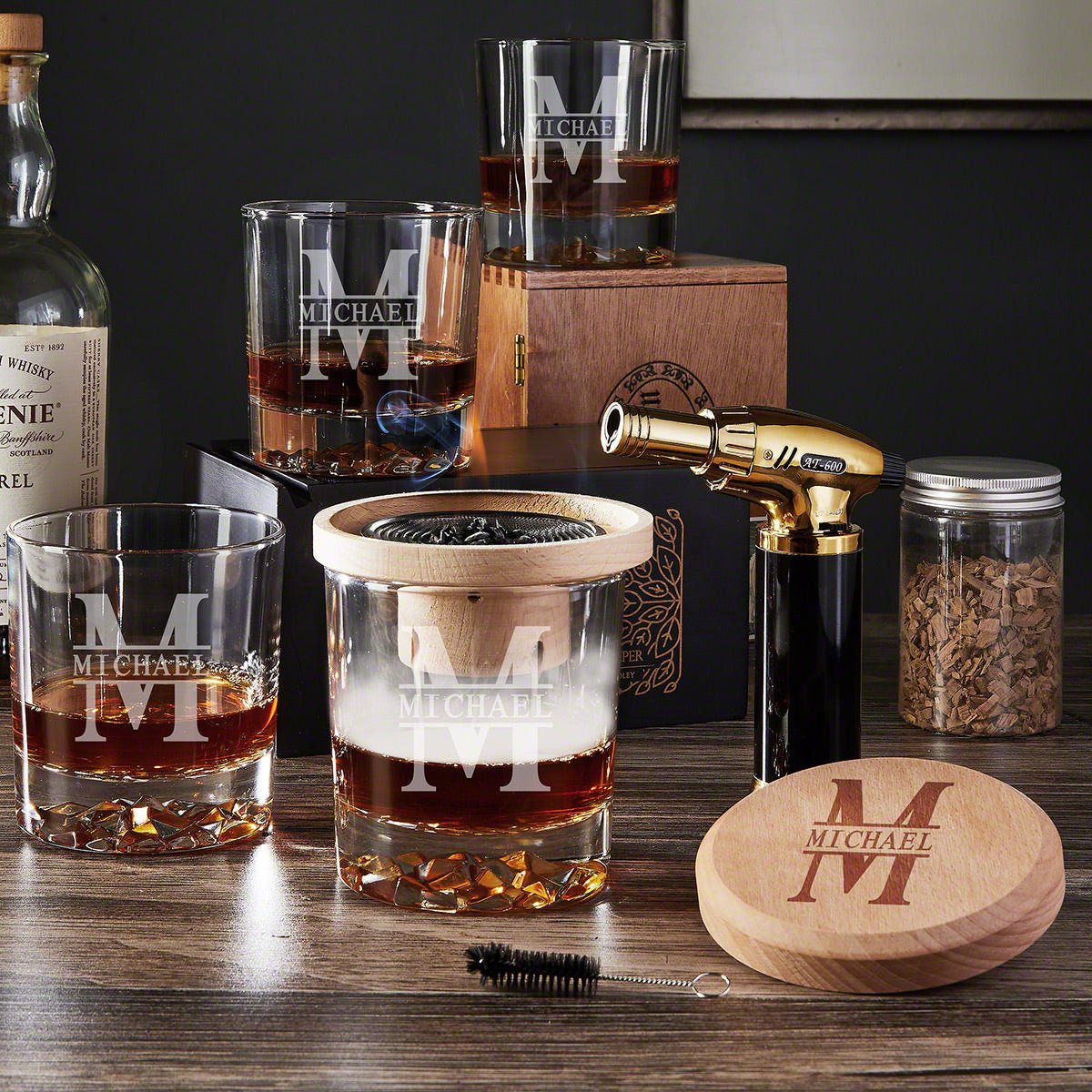 Halo Whiskey Smoker Gift Set 9pc with Four Engraved Glacier Glasses