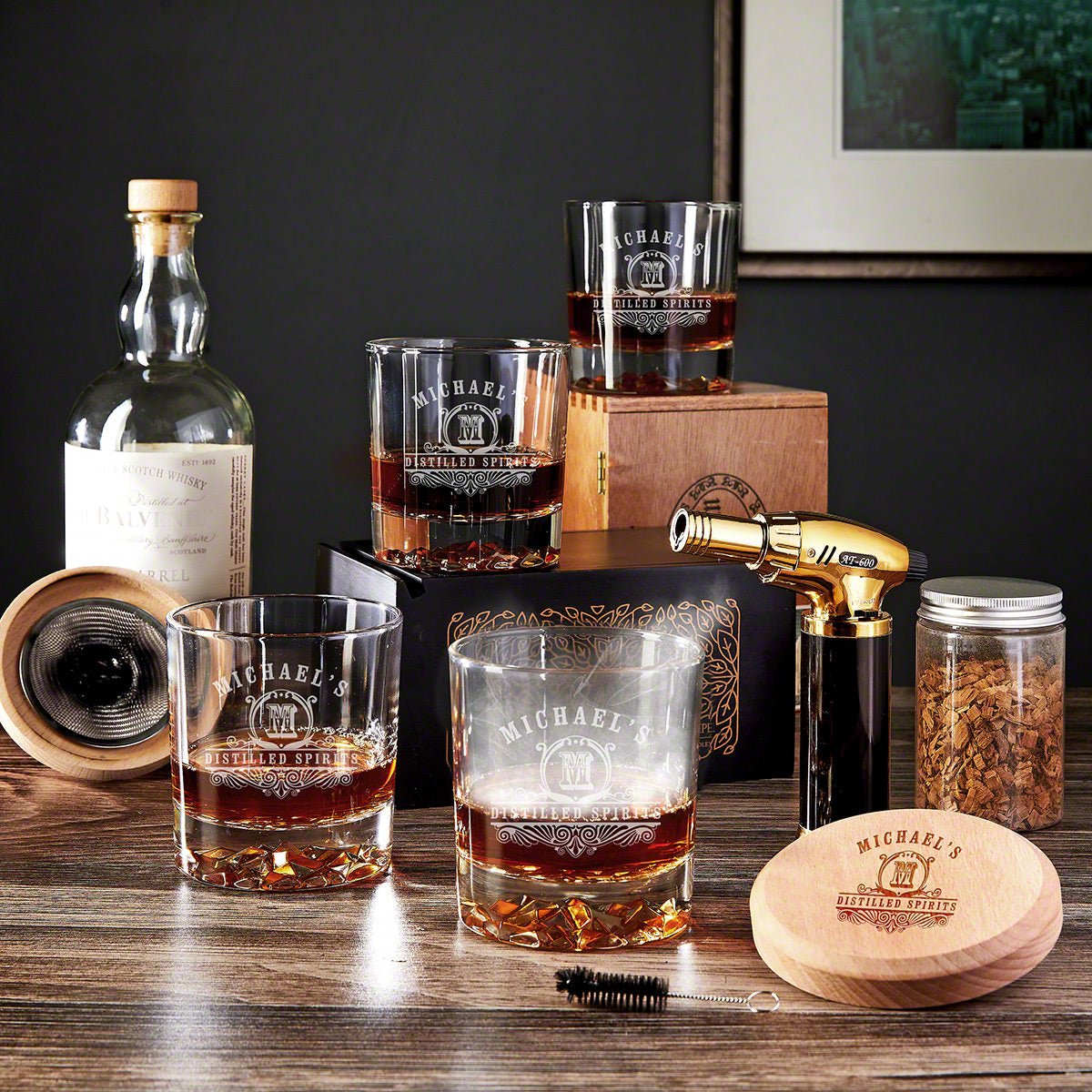 Halo Whisky Smoker Kit 9pc with Personalized Whiskey Glasses