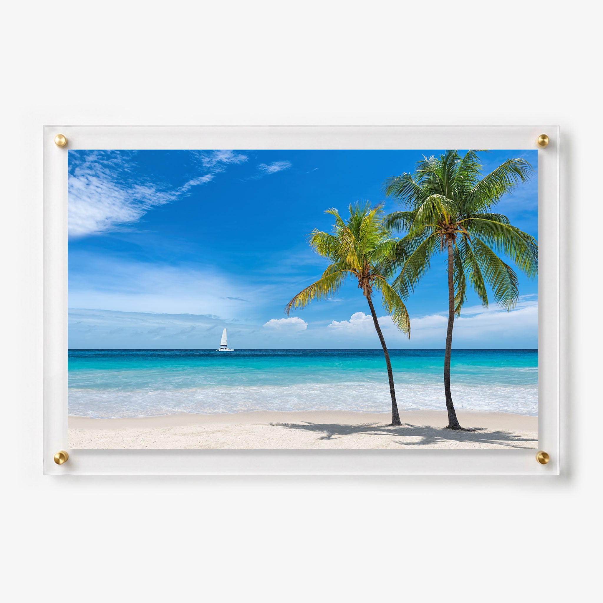 Acrylic wall art featuring two palm trees on a white sandy beach