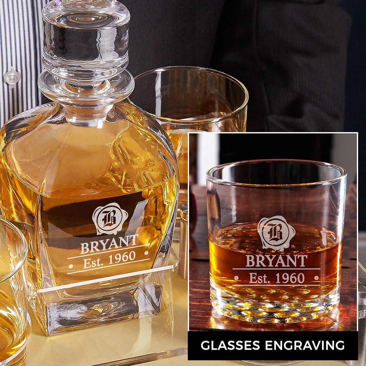 Lawyer Presentation Set with Custom Whiskey Decanter and Glasses - Bar Serving Tray & Lawyer Graduation Gift