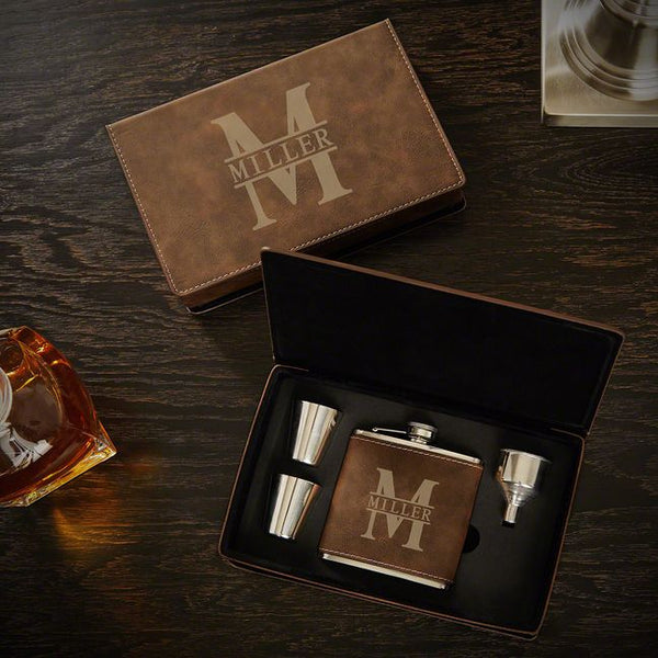 Leather Wrapped Flask Gift Set