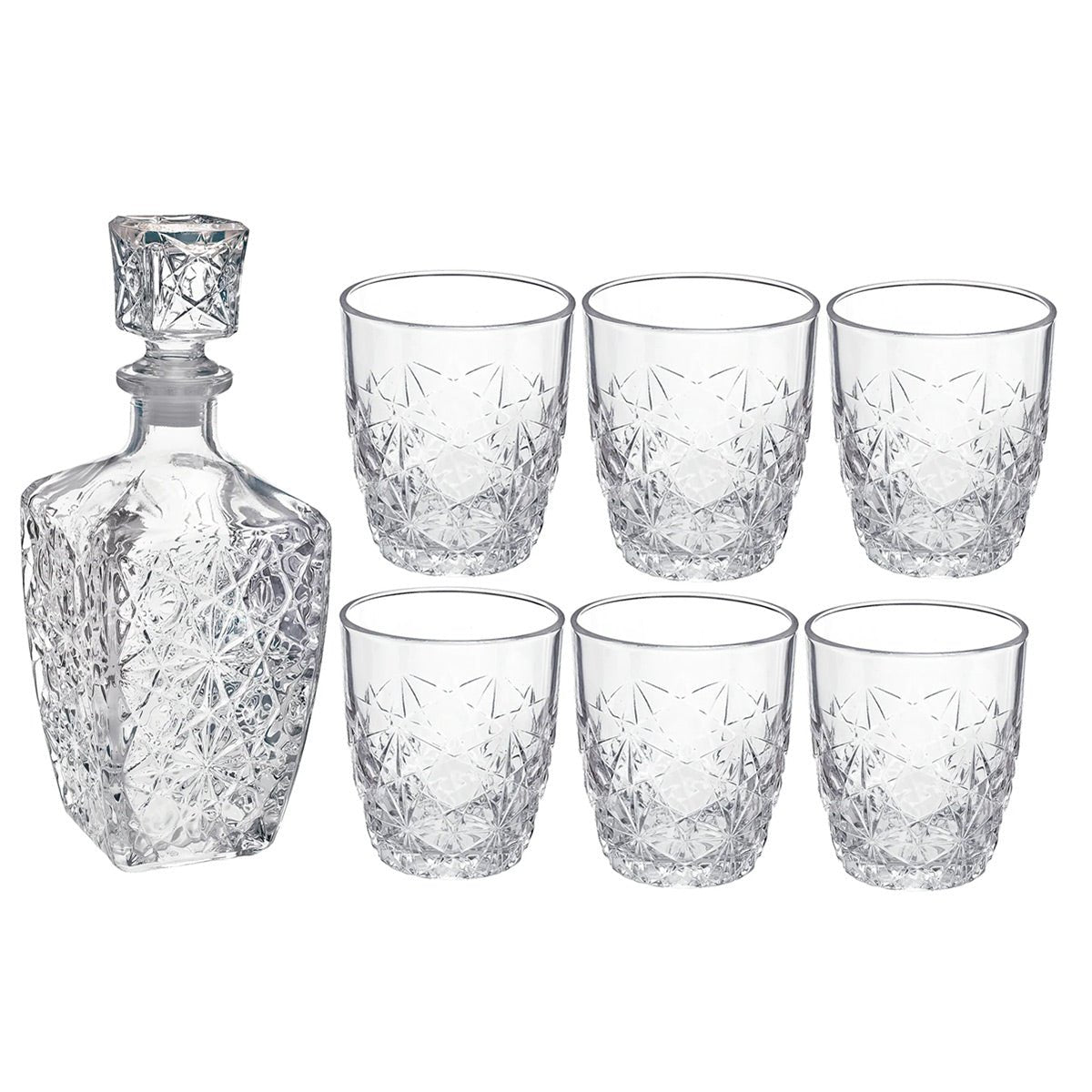 Marquise Cut Whiskey Decanter and Glasses, 7 - Piece Set