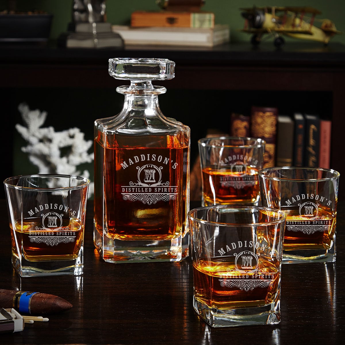 Monogram Whiskey Decanter and Glasses Set