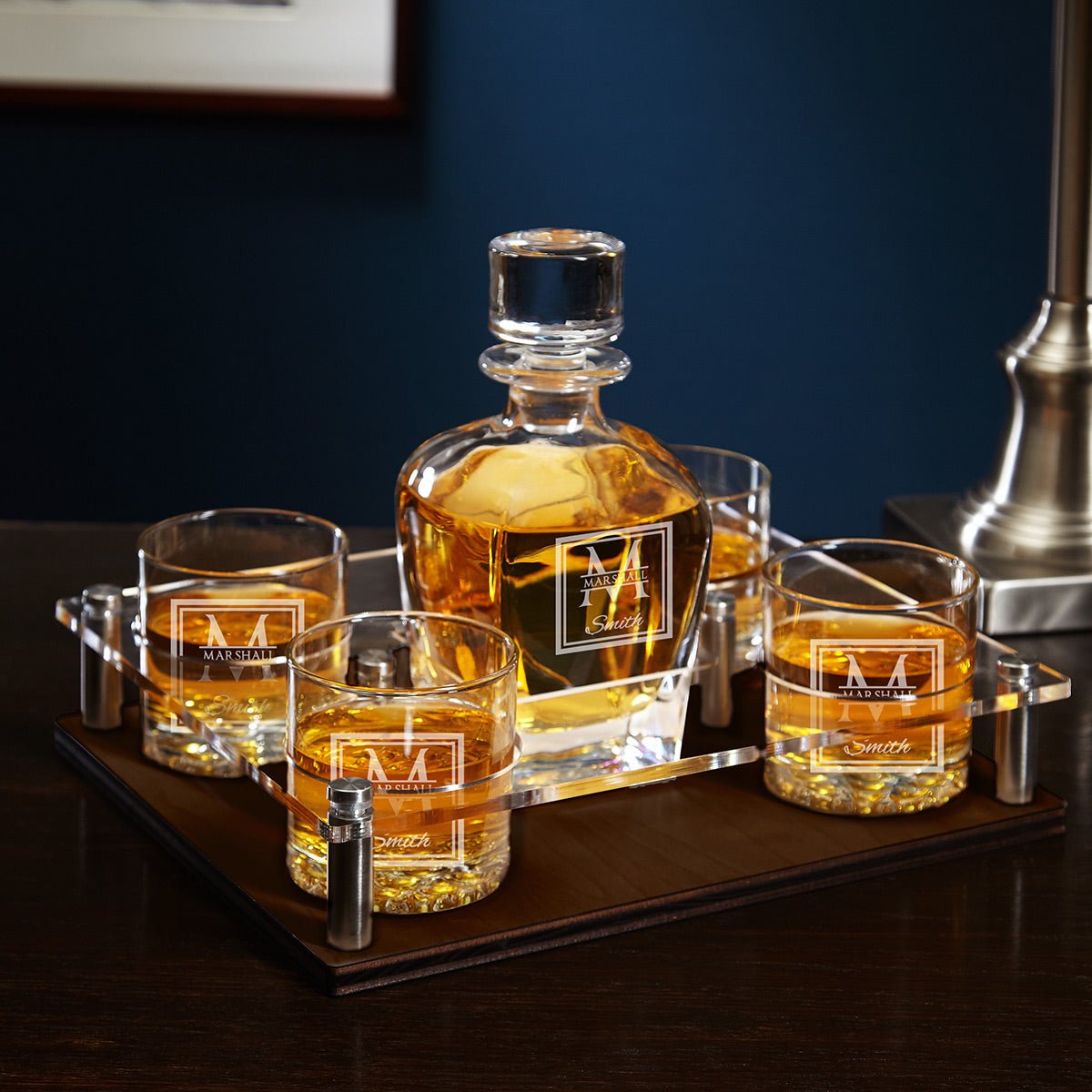 Monogrammed Presentation Set with Custom Rocks Glasses & Whiskey Decanter - 6pc Walnut Serving Tray & Display Set