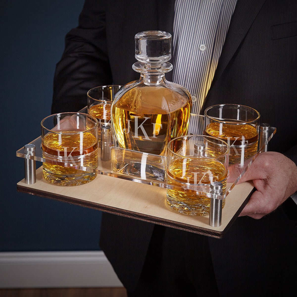 Monogrammed Whiskey Decanter Tray with Glasses - 6 pc Presentation Set