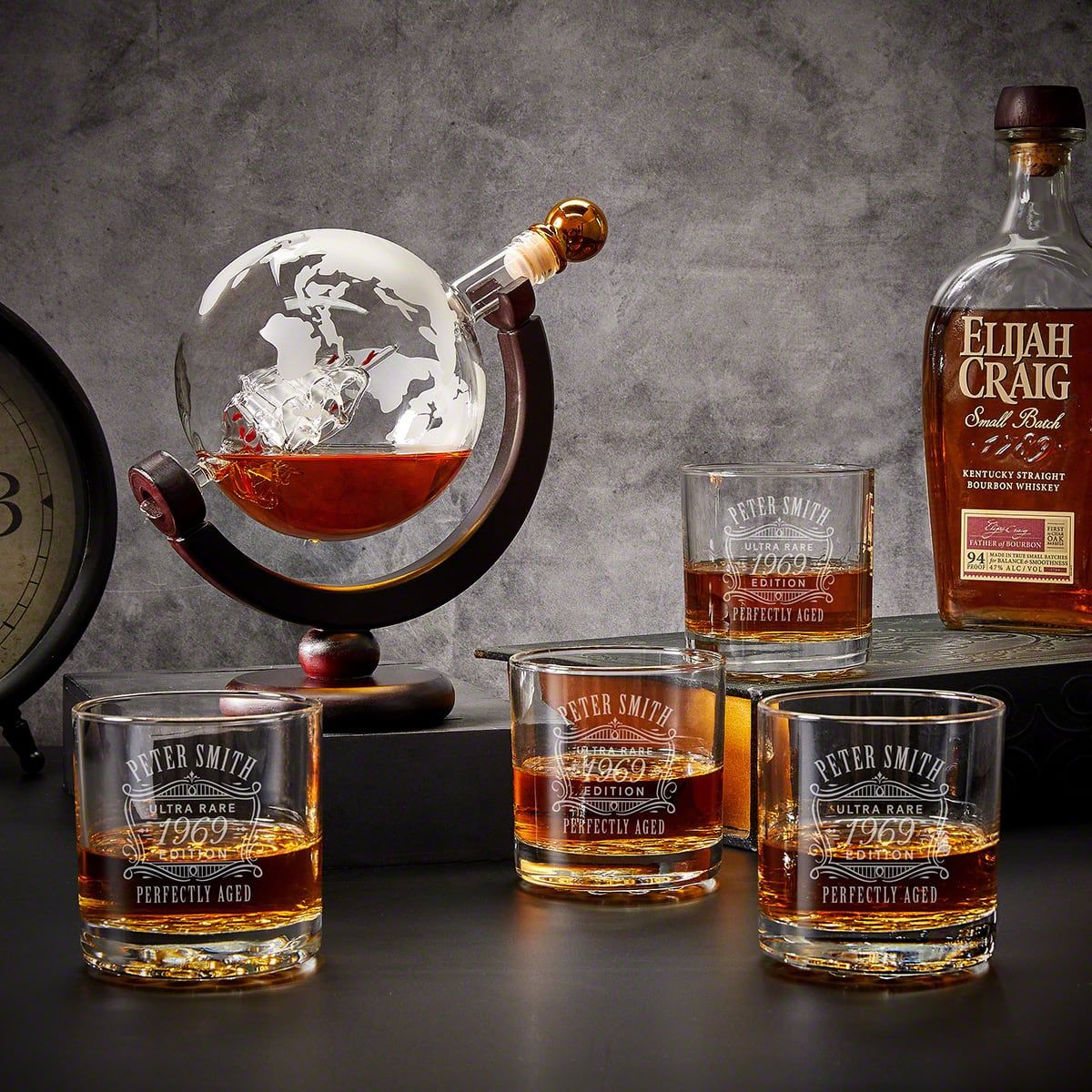 Monogrammed Whiskey Globe Decanter Set with Rocks Glasses - 5pc Quinton