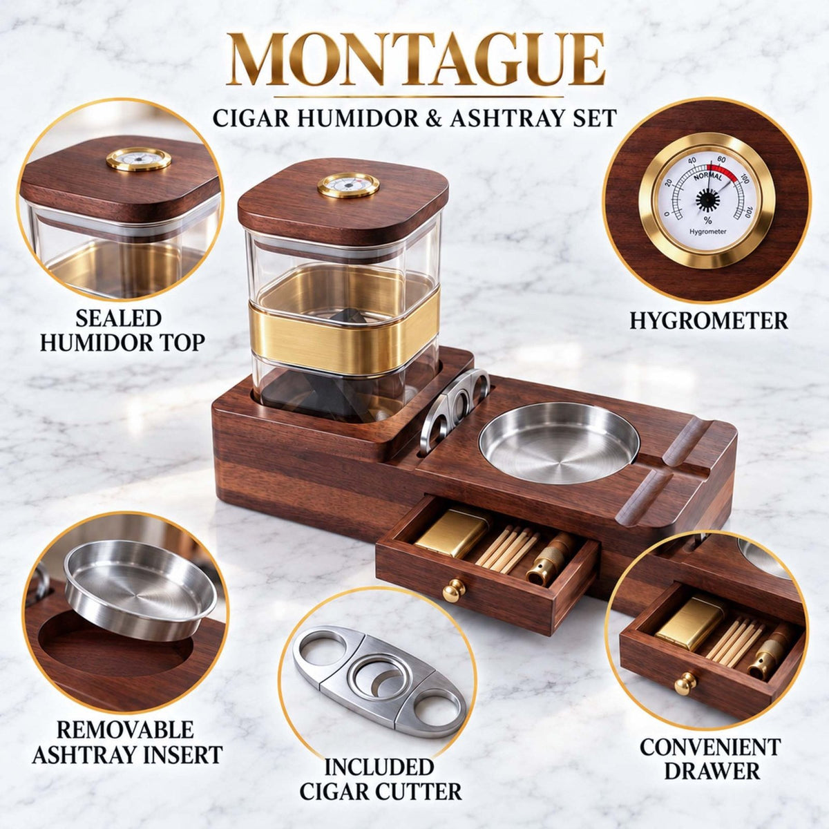 Montague Cigar Humidor & Ashtray 6pc Set