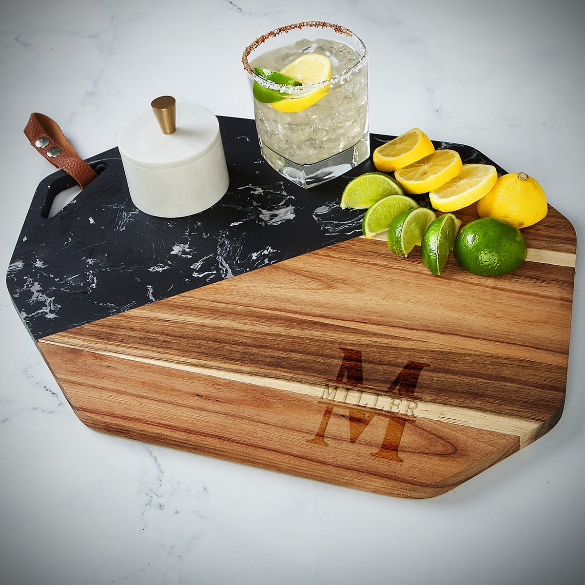 Opulent Custom Charcuterie Board Gift - Large Black Marble and Acacia Wood Cheese Board