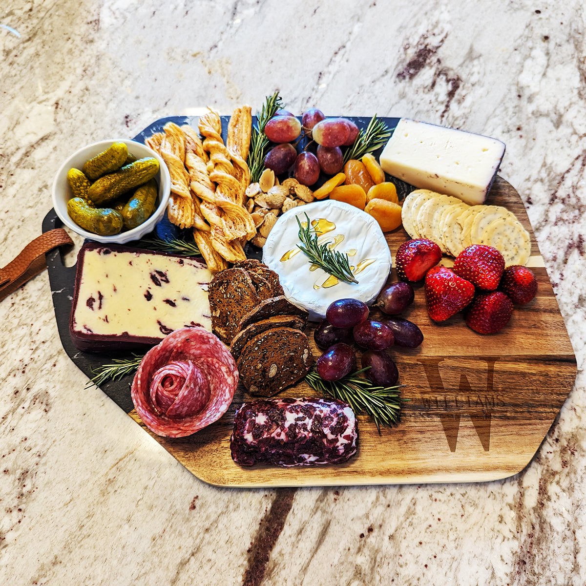 Opulent Custom Charcuterie Board Gift - Large Black Marble and Acacia Wood Cheese Board