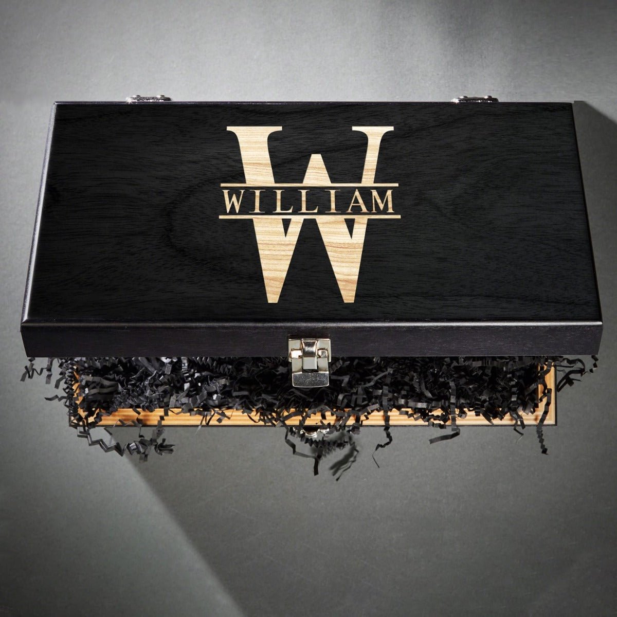 Oxley Custom Cigar Lover Gift Set with Whiskey Decanter and Glasses - 6pc Ebony Black Box