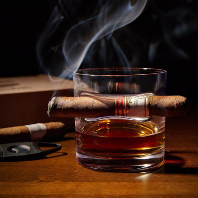 Oxley Custom Cigar Lover Gift Set with Whiskey Decanter and Glasses - 6pc Ebony Black Box