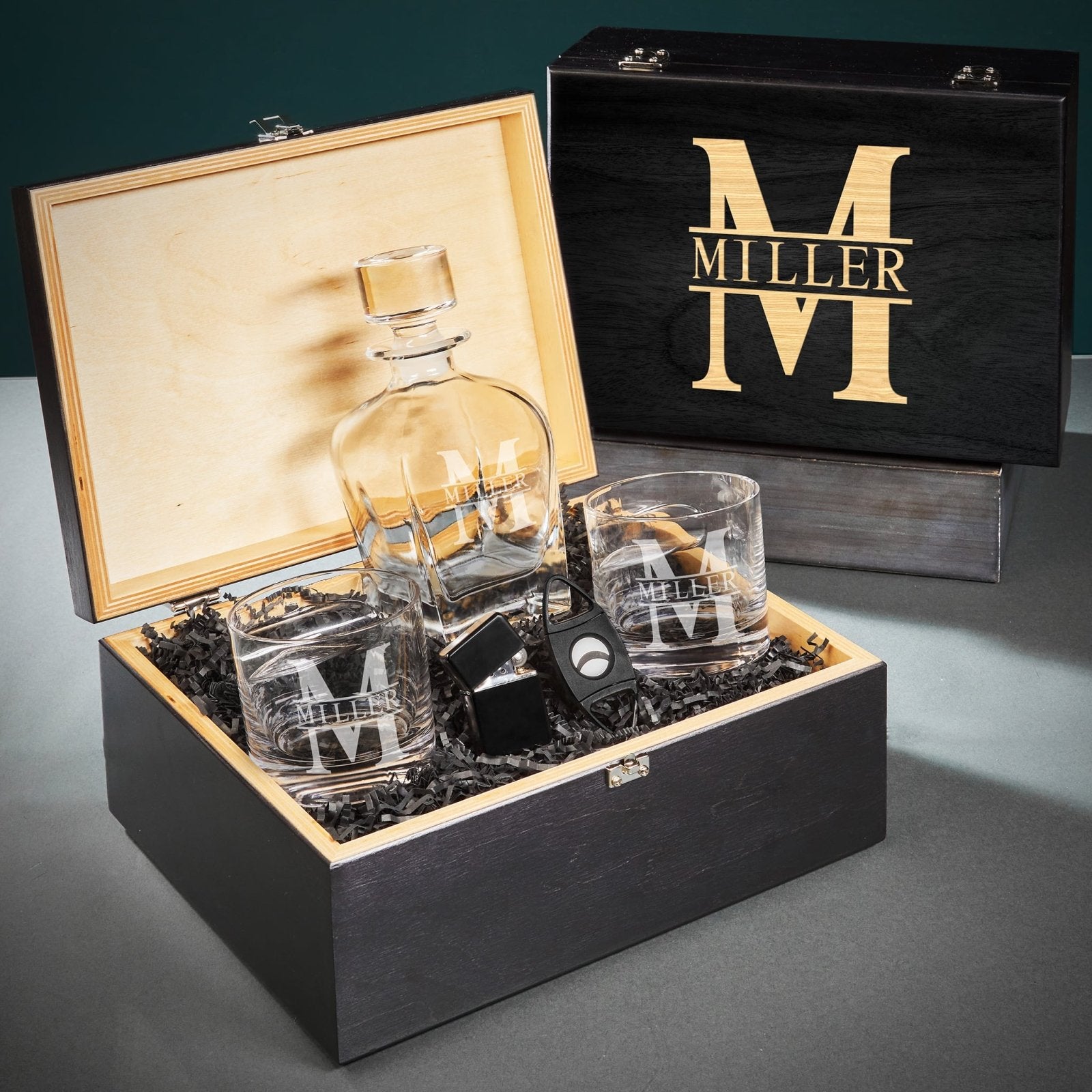 Oxley Custom Cigar Lover Gift Set with Whiskey Decanter and Glasses - 6pc Ebony Black Box