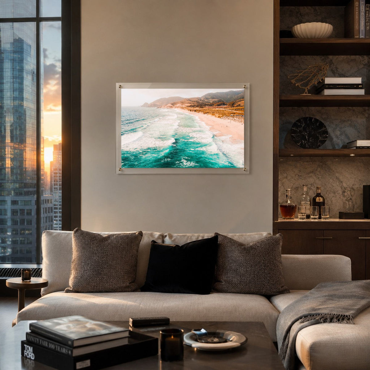 Pacific Pastels acrylic wall art displayed in a city high-rise living room