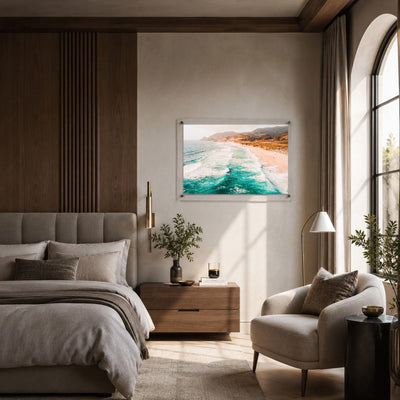 Pacific Pastels acrylic wall art in a coastal bedroom covered patio scene