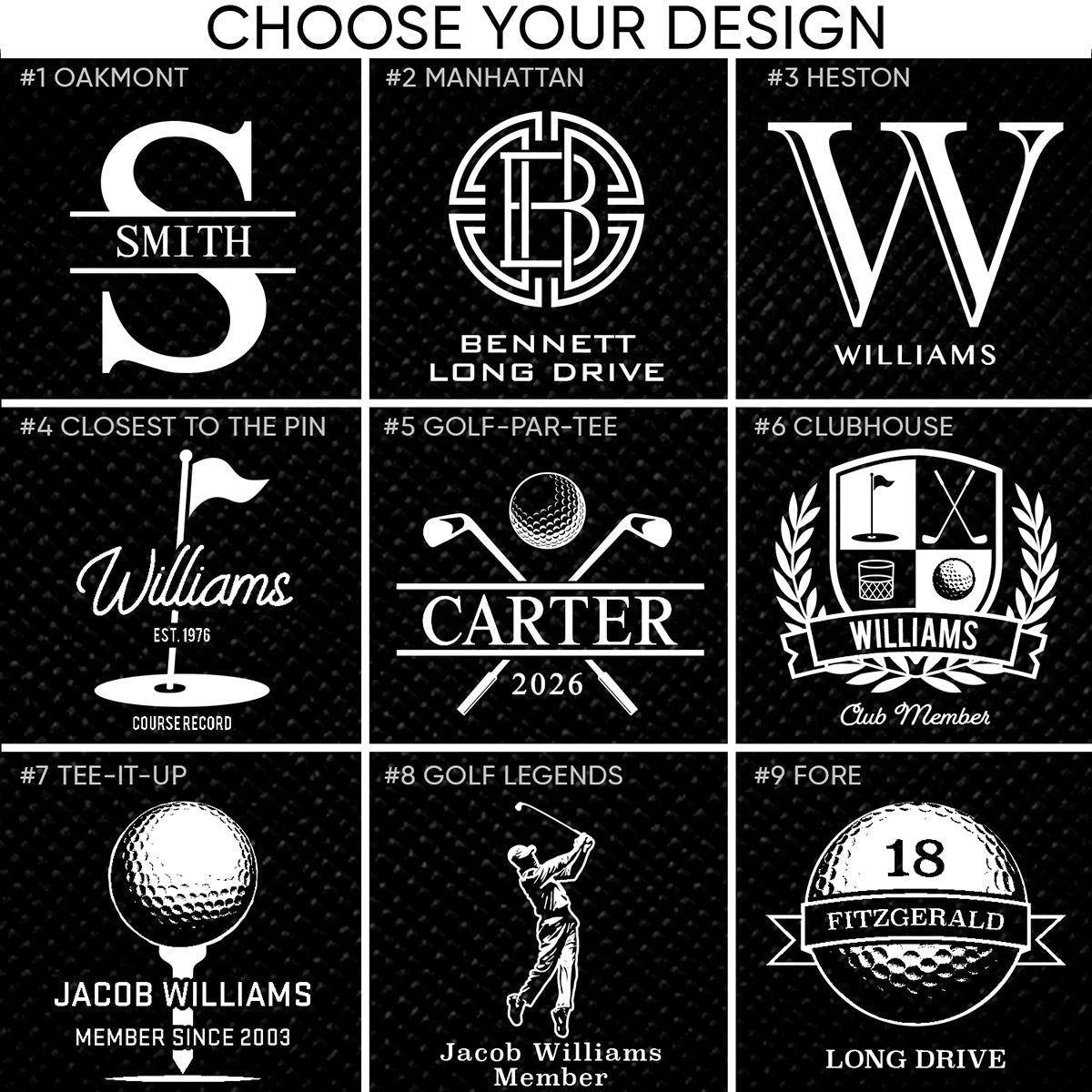 Nine customizable golf-themed monogram designs featuring names, initials, golf balls, clubs, and crests