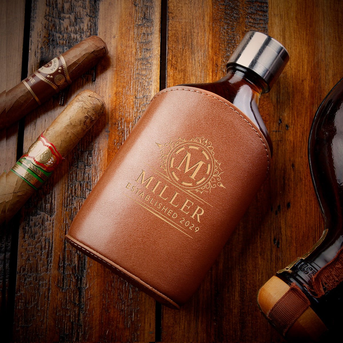 Parker Custom Glass Flask with Brown Leather Wrap