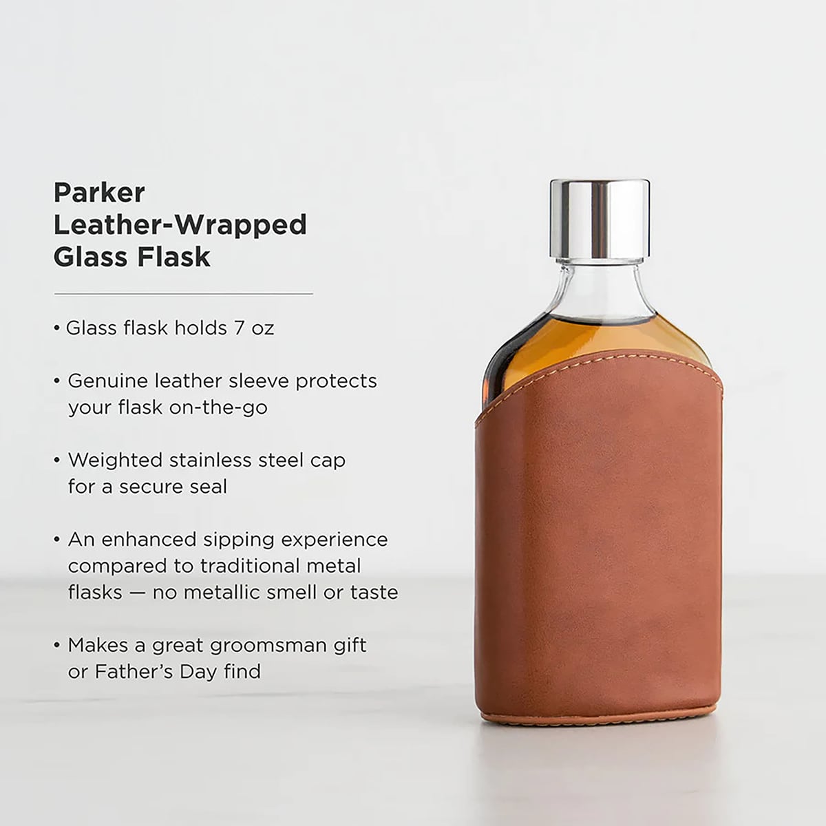 Parker Custom Glass Flask with Brown Leather Wrap