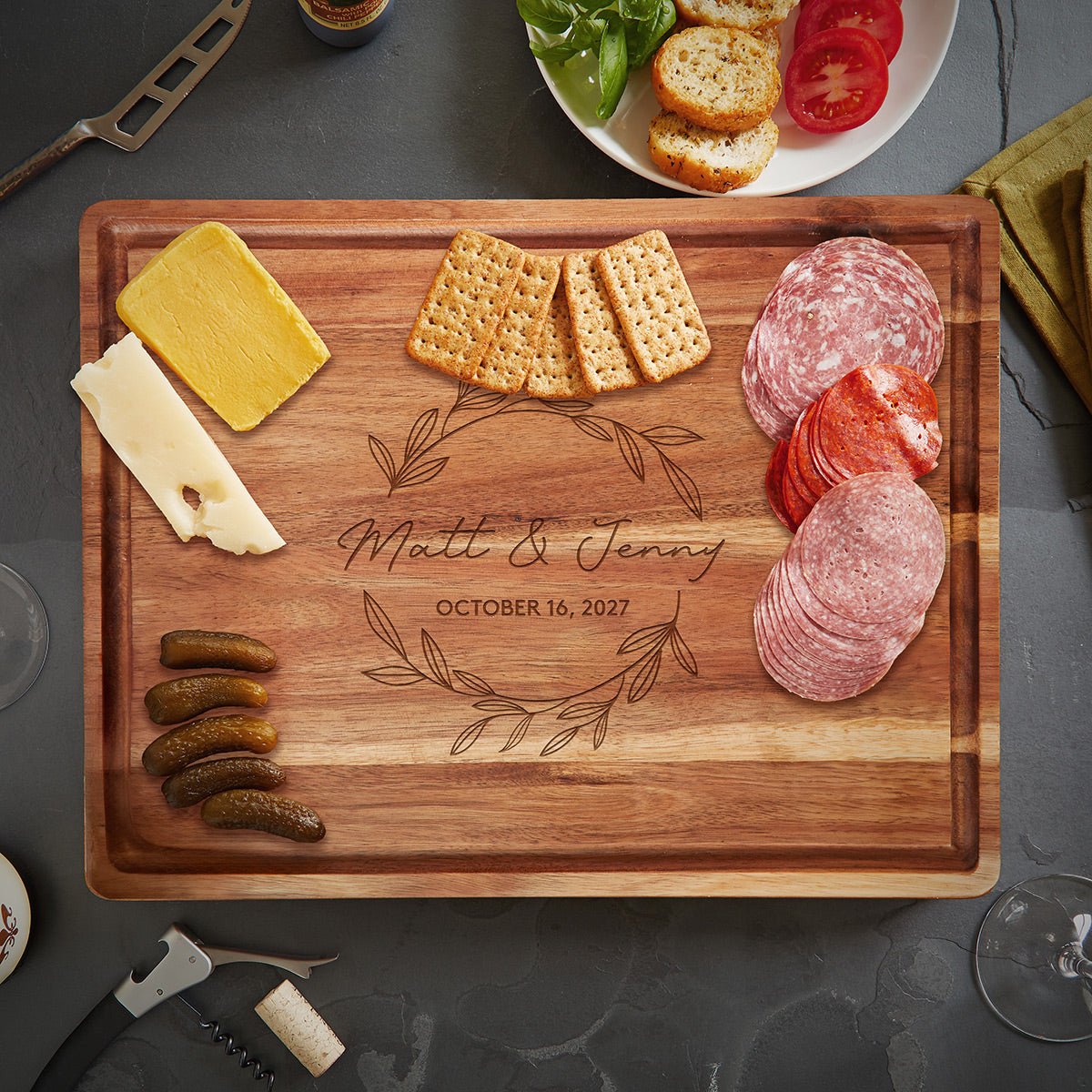 Personalized 17x13x1.5 Acacia Charcuterie Board + Cutting Board w Juice Groove