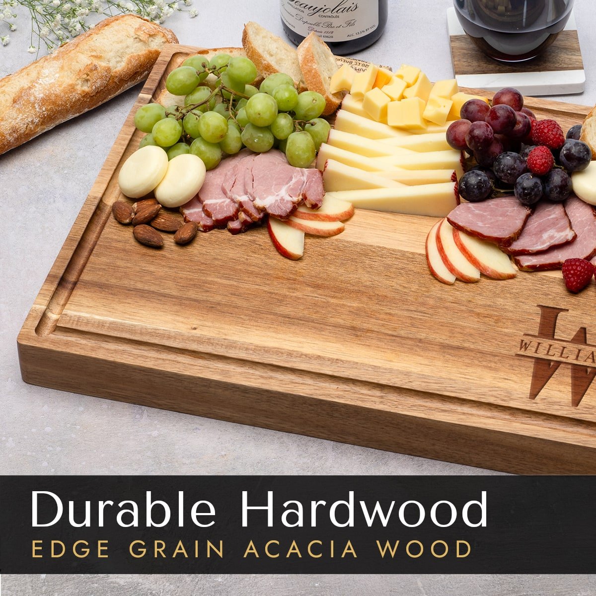 Personalized 17x13x1.5 Acacia Charcuterie Board + Cutting Board w Juice Groove