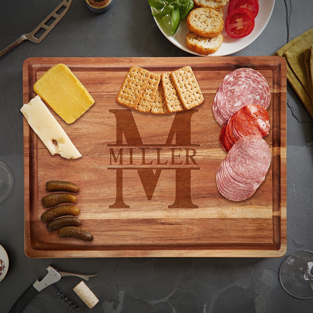Personalized 17x13x1.5 Acacia Charcuterie Board + Cutting Board w Juice Groove