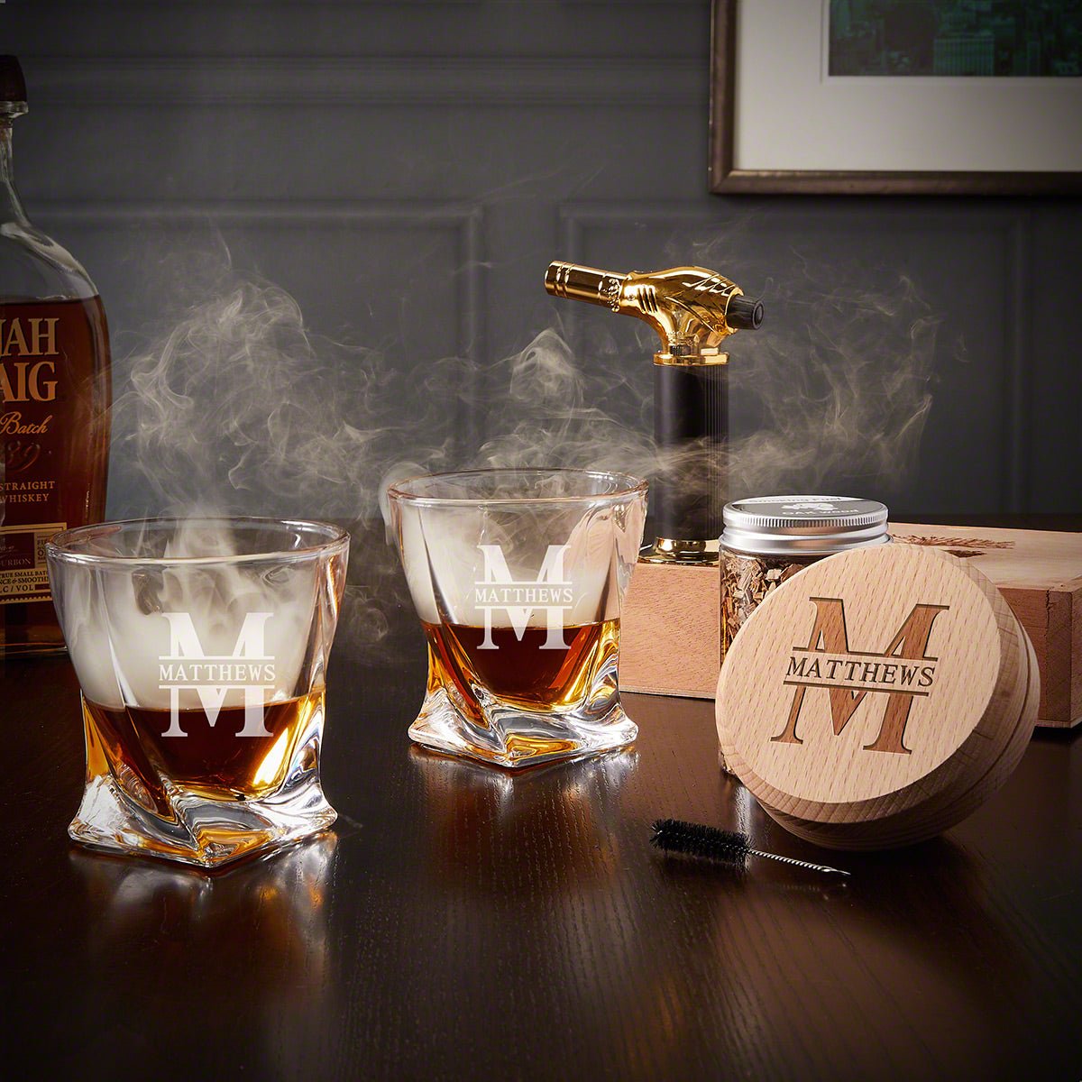 Personalized 7pc Halo Bourbon Smoker Kit with Two Glasses