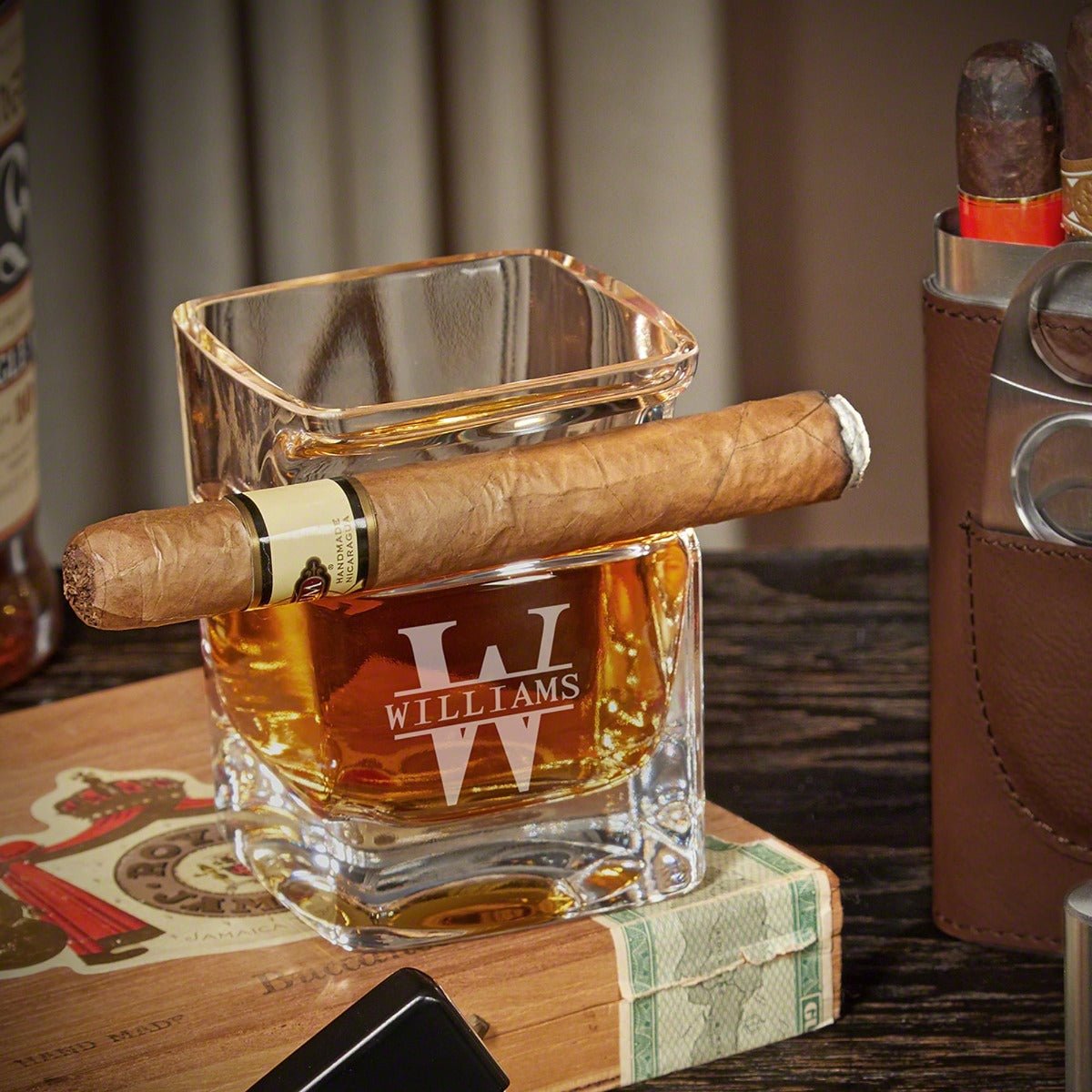 Personalized Cigar Gift Set with Cigar Glass and Cigar Case