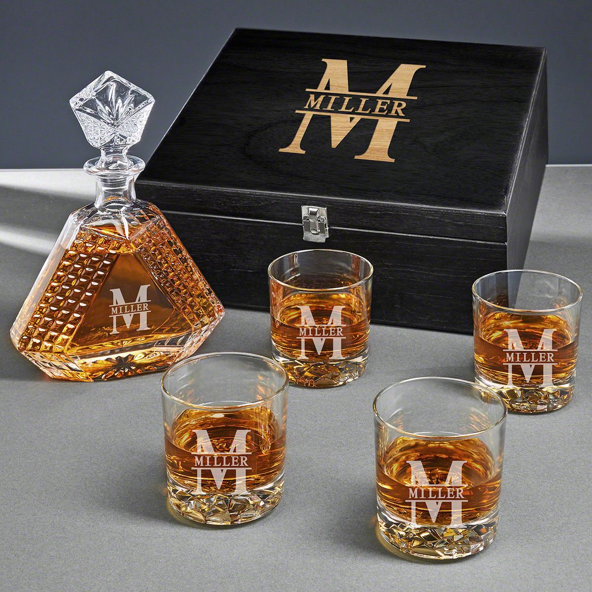 Personalized Devonshire Crystal Decanter Set with Whiskey Glasses - Ebony Black Box