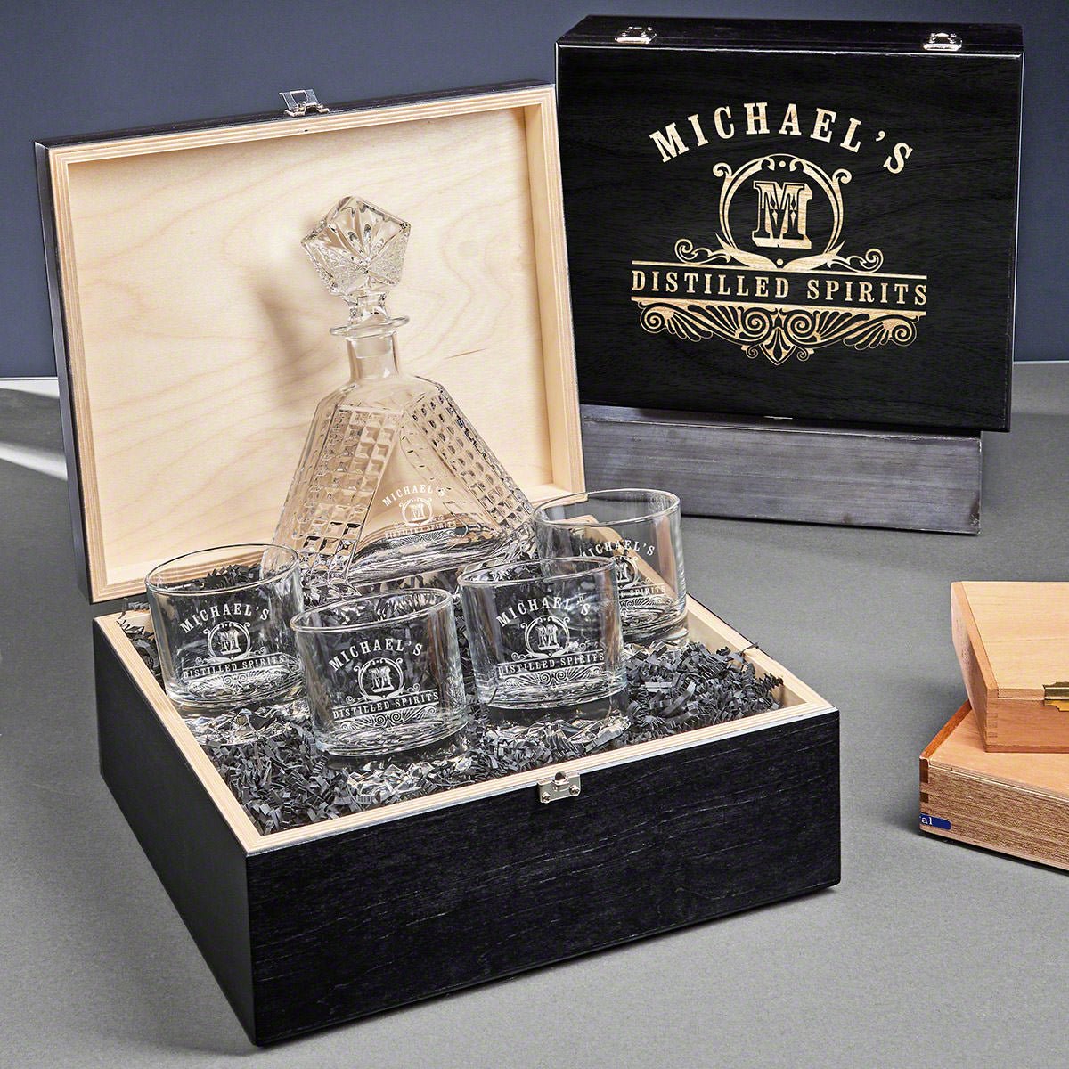 Personalized Devonshire Crystal Decanter Set with Whiskey Glasses - Ebony Black Box