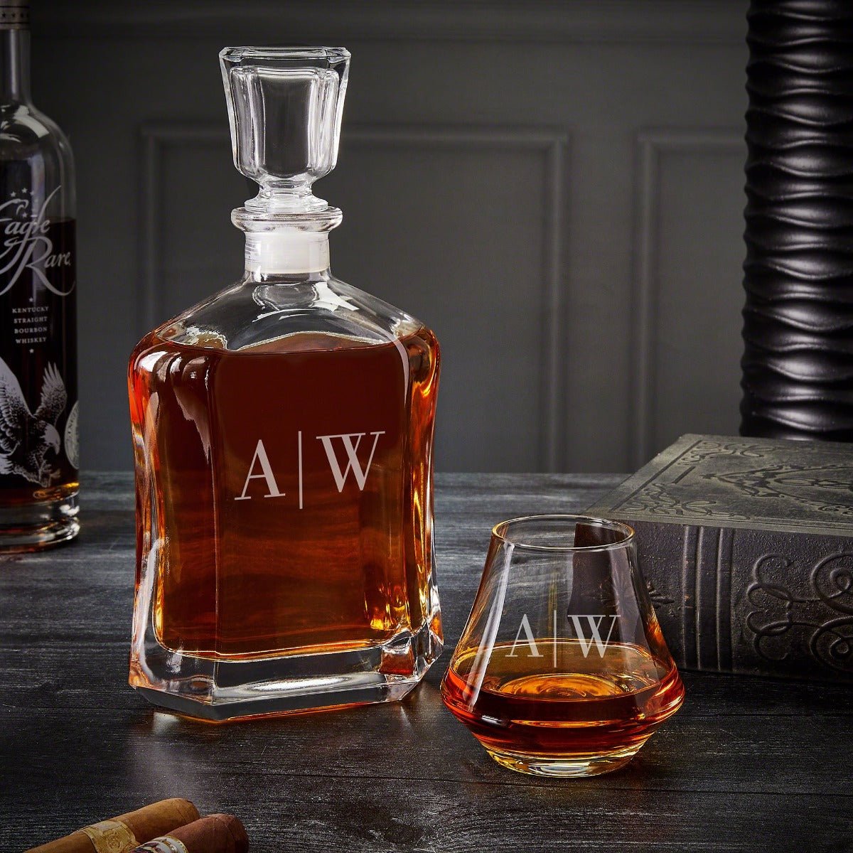 Personalized Dimera Bourbon Glasses and Decanter Set - Ebony Black Box